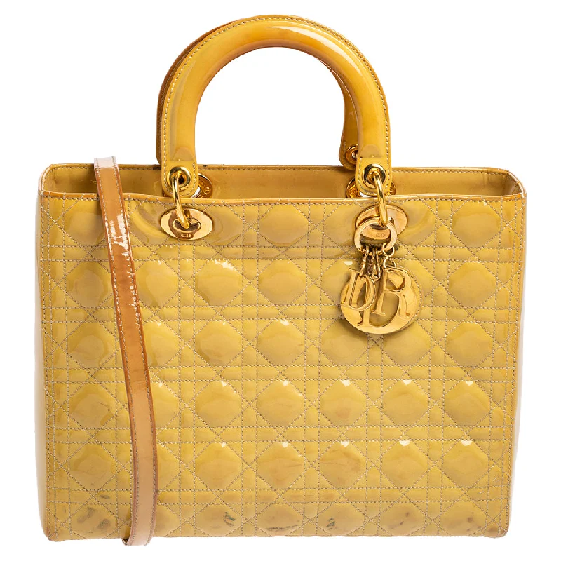 Christian Dior tote bags with a printed Dior logo on the frontDIOR Yellow Cannage Patent Leather Large Lady  Tote