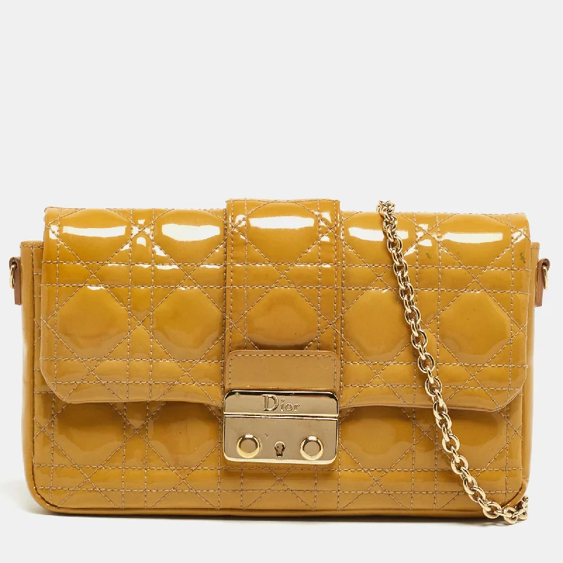 Christian Dior handbags with a back - pocket for quick storageDIOR Yellow Cannage Patent Leather Miss  Promenade Chain Clutch