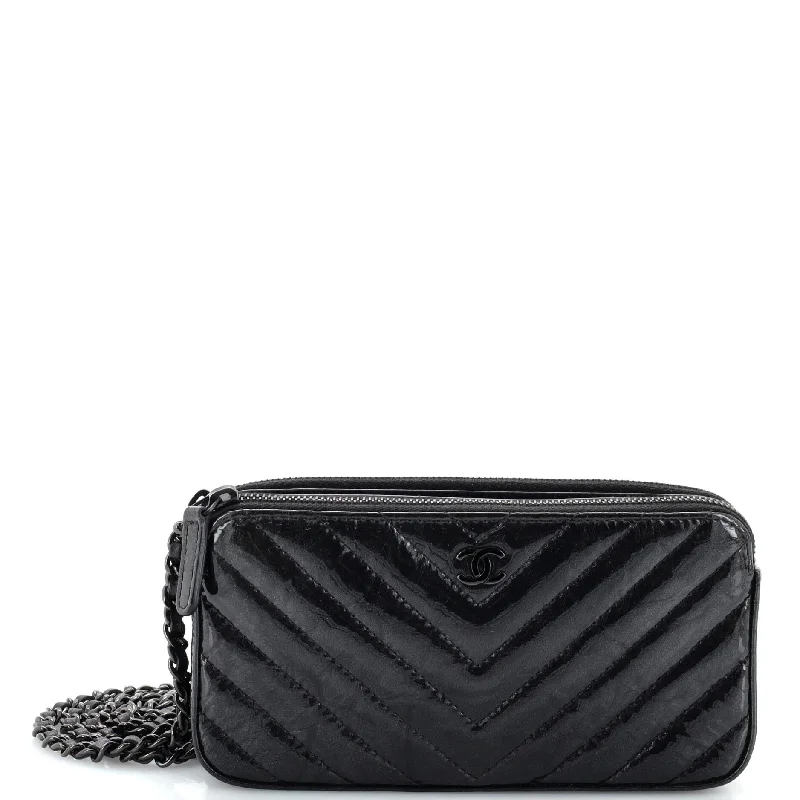 High - fashion Christian Dior bags with a geometric patternSo Black Double Zip Clutch with Chain Chevron Crumpled Metallic Patent