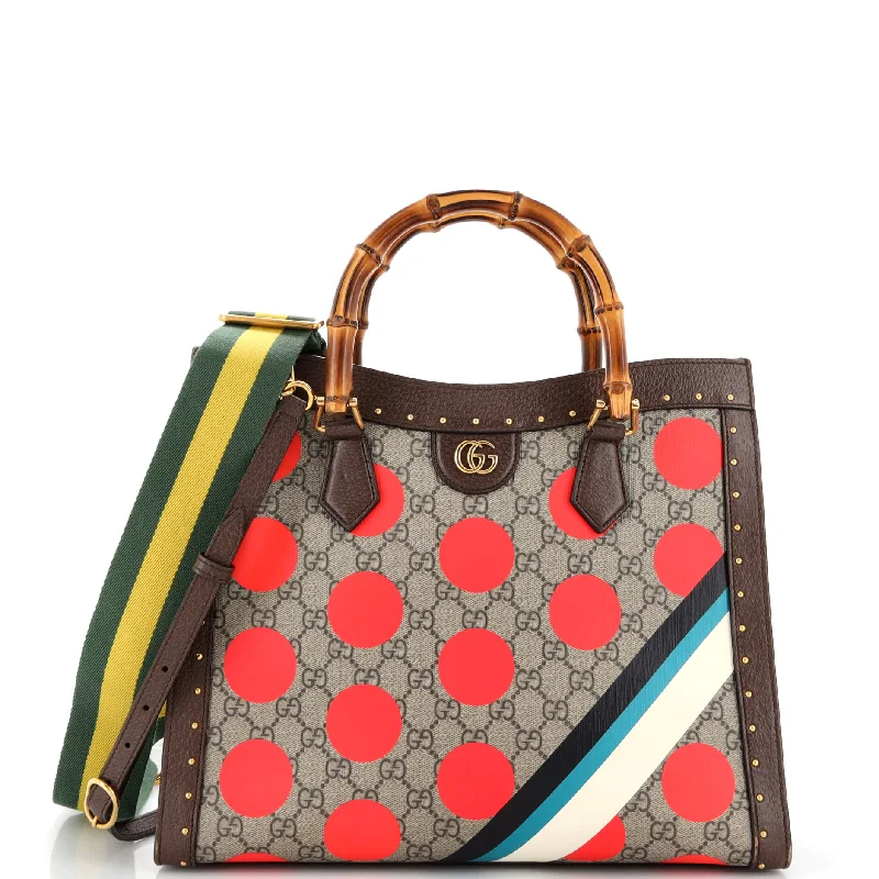 Women Gucci bags with a chain - link trim and a leather bodyDiana NM Bamboo Handle Tote Printed GG Coated Canvas and Studded Leather Medium