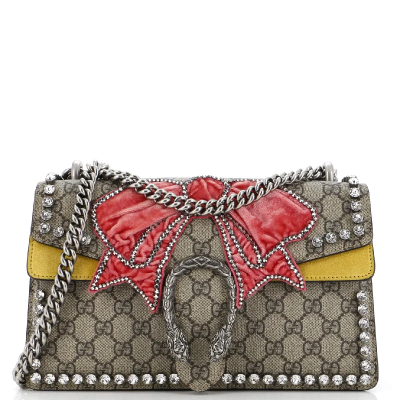 Women Gucci Sylvie bags featuring the signature web stripeDionysus Bag Crystal Embellished GG Coated Canvas Small