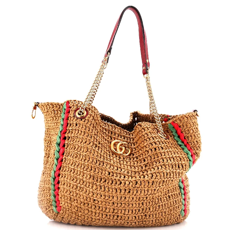 Women Gucci bags with a front - flap pocket for quick - access itemsGG Marmont Chain Tote Raffia Large