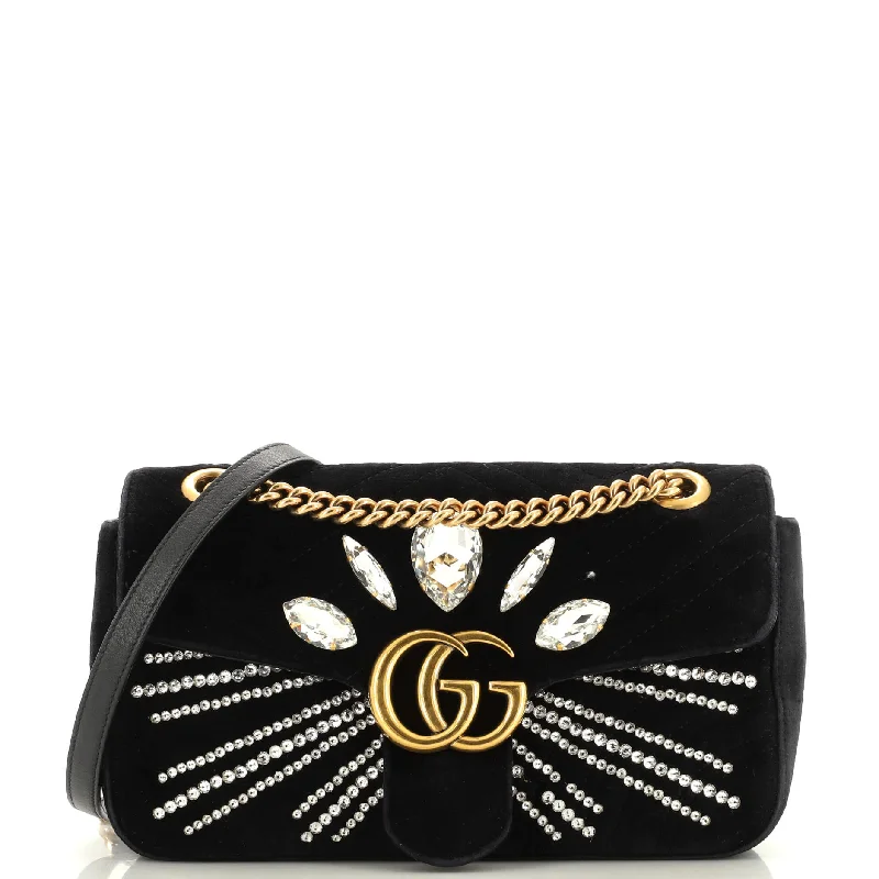 Women Gucci bags with a chain - link trim and a leather bodyGG Marmont Flap Bag Crystal Embellished Matelasse Velvet Medium