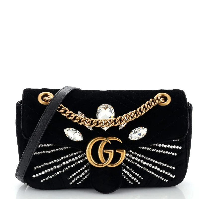 Women Gucci Sylvie bags with a monogram - embossed leatherGG Marmont Flap Bag Crystal Embellished Matelasse Velvet Medium