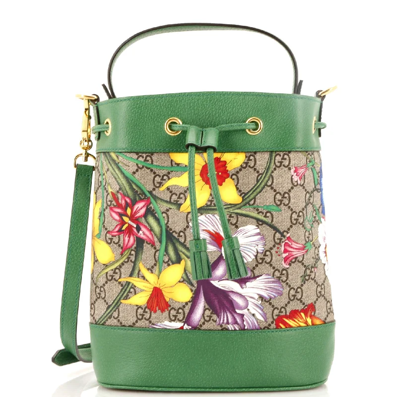 Women Gucci bags with a front - flap pocket for quick - access itemsOphidia Bucket Bag Flora GG Coated Canvas and Leather  Small