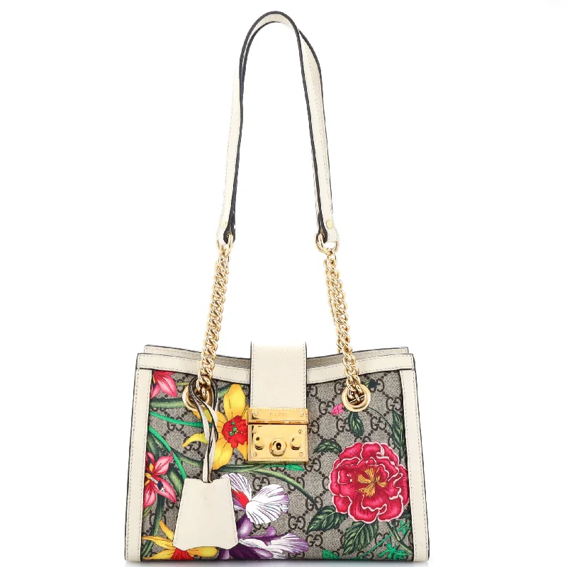 Gucci tote bags for women with a water - resistant coatingPadlock Chain Tote Flora GG Coated Canvas Small