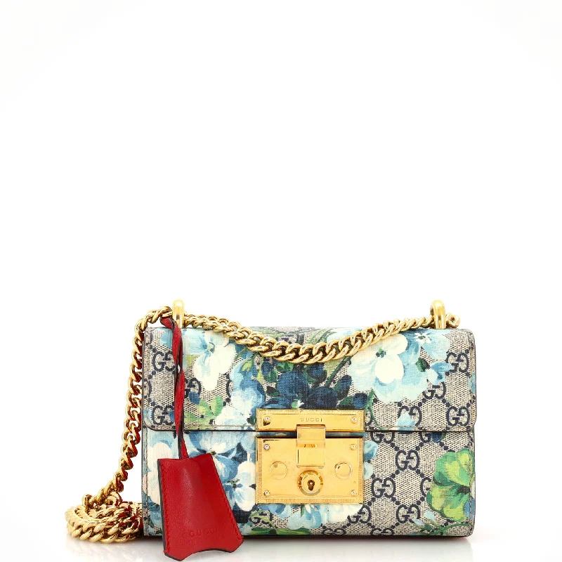 Ladies Gucci shoulder bags with a tassel decorationPadlock Shoulder Bag Blooms Print GG Coated Canvas Small