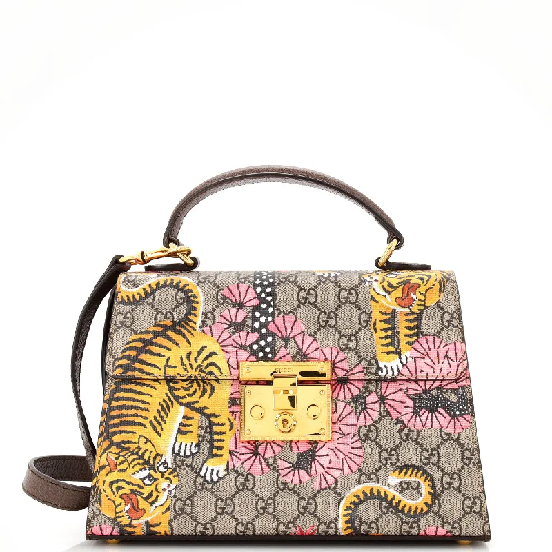 Women Gucci bags with a snap - button closure and a decorative charmPadlock Top Handle Bag Bengal Print GG Coated Canvas Small