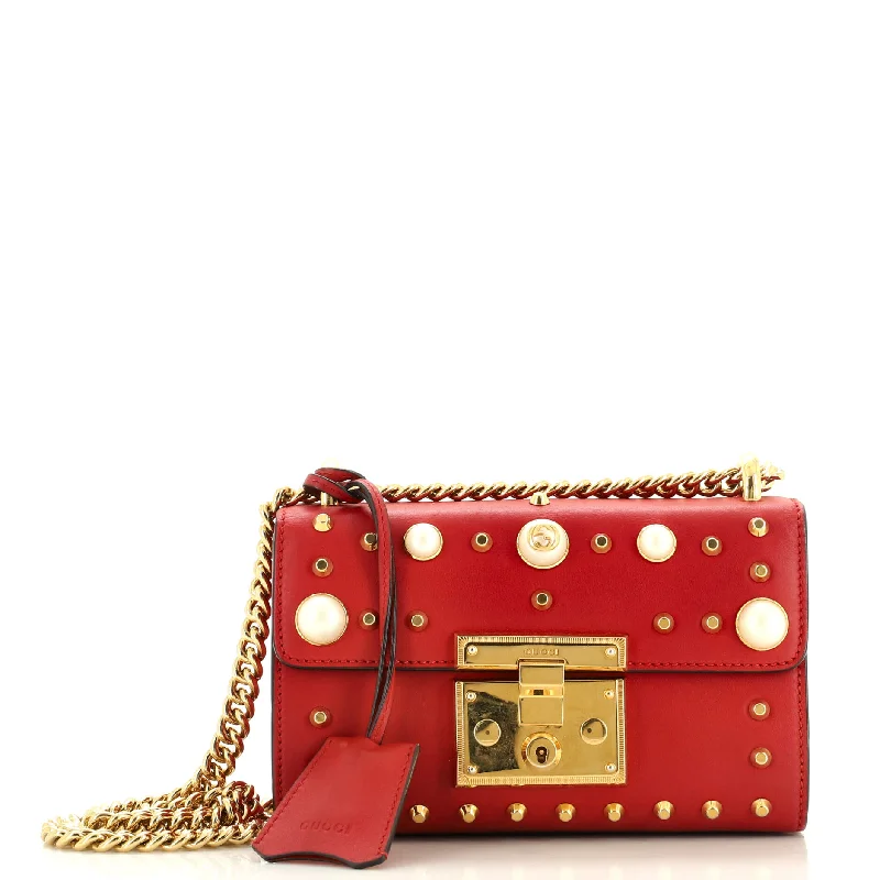 Ladies Gucci shoulder bags with a single - handle designPearly Padlock Shoulder Bag Studded Leather Small