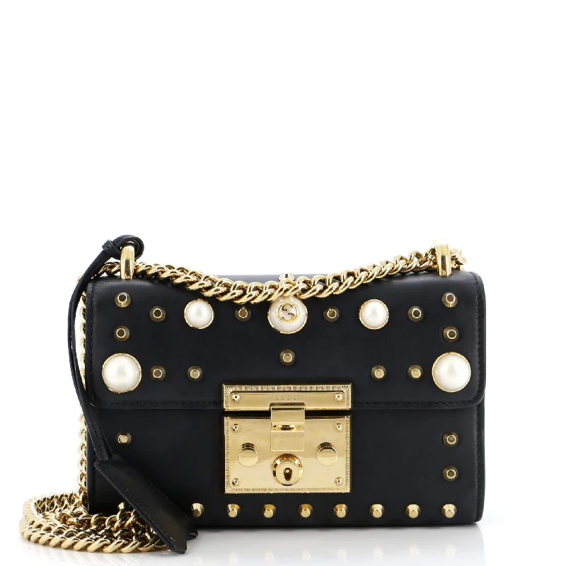 Gucci Marmont bags for women with a contrast - colored interiorPearly Padlock Shoulder Bag Studded Leather Small