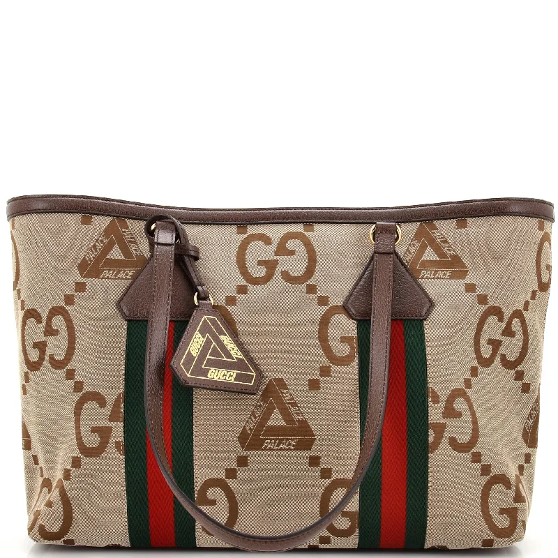 Small - sized Women Gucci shoulder bags for evening outingsx Palace Web Shopper Tote Jumbo GG Tri-Ferg Logo Canvas Medium