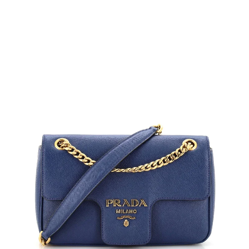 Prada tote bags with a double - handle and shoulder - strap option for easy usePattina Flap Shoulder Bag Saffiano Leather Small